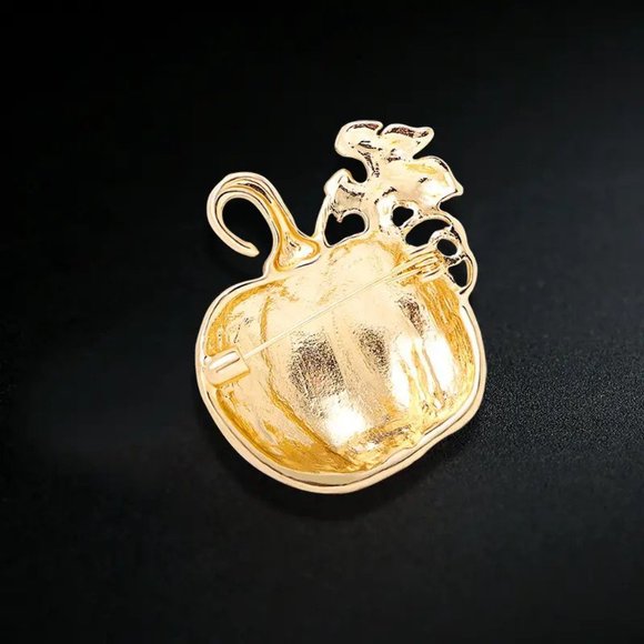 Gold Pumpkin Brooch Rhinestone Enamel Fall Halloween 2 3/4" - Picture 3 of 4